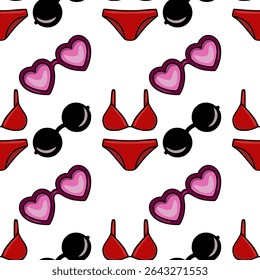 Seamless vector pattern featuring red bikini bottoms and tops, heart-shaped sunglasses, and round sunglasses, creating a playful and vibrant summer design.