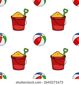 Seamless vector pattern featuring red buckets filled with yellow sand, accompanied by vibrant beach balls in a playful summer design.