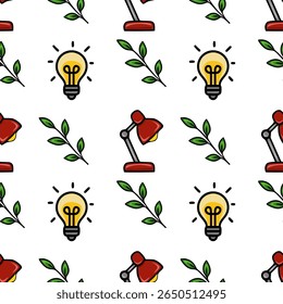 Seamless vector pattern featuring red desk lamps, bright light bulbs, and green leaves, creating a cheerful and productive office vibe.