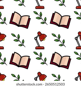 Seamless vector pattern featuring red desk lamps, open books, and green leaves, creating a charming and studious atmosphere.