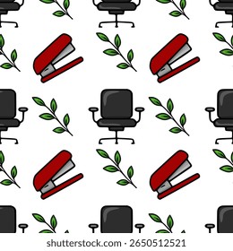 Seamless vector pattern featuring red staplers, black office chairs, and green leaves, creating a cheerful and organized office-themed design.