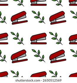 Seamless vector pattern featuring red staplers and green leaves, a quirky and playful design perfect for stationery or office-themed projects.