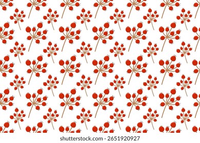 Seamless vector pattern featuring red rosehip berries and brown branches in hand-drawn flat style on white background. Suitable for autumn and winter textile prints, packaging, wrapping paper, scrapbo