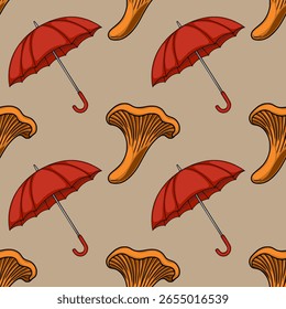 Seamless vector pattern featuring red umbrellas and chanterelle mushrooms on a beige background, creating a whimsical autumnal design.