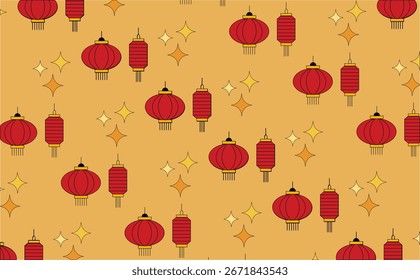 A seamless vector pattern featuring red Chinese lanterns and golden stars. Ideal for festive backgrounds, digital paper, and creative projects for Lunar New Year and other celebrations.