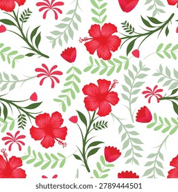 Seamless vector pattern featuring red hibiscus flowers and green leaves on a white background.