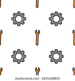 Seamless vector pattern featuring repeating grey gears and orange wrenches, a simple yet effective design for industrial or mechanical contexts.