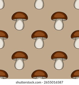 Padrão de vetor sem costura com um design repetitivo de cogumelos marrons estilizados com caules esbranquiçados contra um fundo bege silenciado, criando um motivo de outono simples, mas encantador.