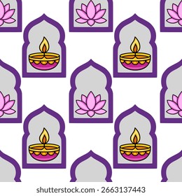 Seamless vector pattern featuring repeating illustrations of lit diyas and pink lotuses within purple arched frames on a white background, ideal for festive Indian designs.