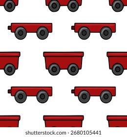 Seamless vector pattern featuring a repeating design of stylized red toy train carriages on a white background, perfect for festive or children's themed projects.