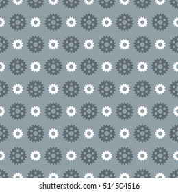 A seamless vector pattern featuring repeating industrial gears. This mechanical cogwheel texture would be ideal for use as a textile design or wrapping paper