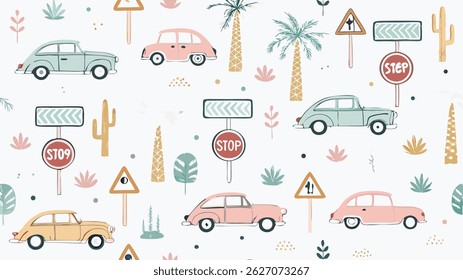 Seamless vector pattern featuring retro cars and road signs, ideal for vintage or automotive designs.
