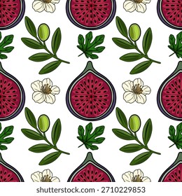 Patrón de Vector sin fisuras con higos maduros, ramas de olivo con aceitunas y delicadas flores blancas sobre un fondo blanco limpio.