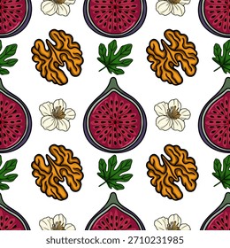 Patrón de Vector sin fisuras con higos maduros, nueces texturizadas y delicadas flores blancas con hojas verdes.