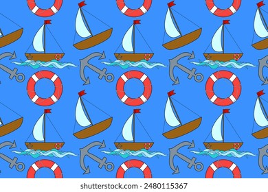 Seamless vector pattern featuring sailboats, anchors, and lifebuoys on a blue background. Perfect for nautical, maritime, and summertime designs.