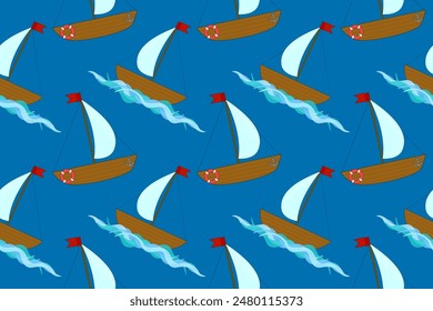 Seamless vector pattern featuring sailboats, anchors, and lifebuoys on a blue background. Ideal for nautical, maritime, and summertime designs.