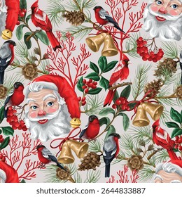 Seamless vector pattern featuring Santa Claus faces, red cardinals, bullfinches, golden bells, pine branches, cones, holly leaves, berries, and red twigs. Vector.