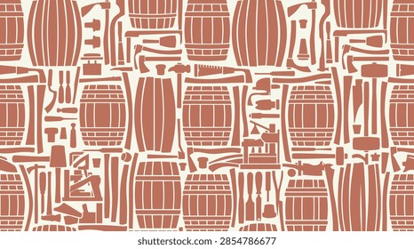 A seamless vector pattern featuring silhouettes of traditional woodworking and cooperage tools alongside wooden barrels. This repeating design is suitable for craft, industrial, or historical-themed projects.