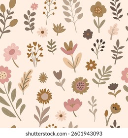 A seamless vector pattern featuring skin tones hand-drawn flowers and leaves