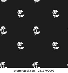 Padrão de vetor sem emenda com pequenas flores brancas em um fundo preto. Perfeito para papel de parede, tecido e desenhos de papelaria.