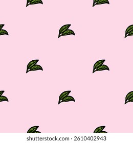 A seamless vector pattern featuring small green leaves on a soft pink background. The leaves are illustrated with a simple, hand-drawn style, creating a fresh and vibrant look.