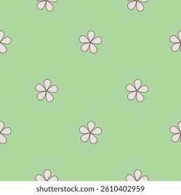 A seamless vector pattern featuring small pink flowers on a light green background, creating a cheerful and vibrant design.