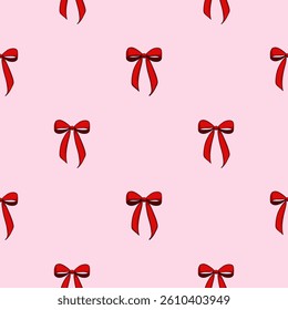 A seamless vector pattern featuring small red bows on a light pink background. The design is playful and festive, suitable for wrapping paper or holiday decorations.