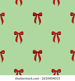 A seamless vector pattern featuring small red bows on a light green background, ideal for festive themes and decorations.
