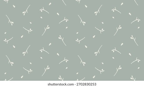 Padrão de vetor sem emenda com pequenos ramos minimalistas dispostos em um fundo verde sábio. Um design botânico suave e natural ideal para têxteis, embalagens, papel de parede e usos decorativos modernos.
