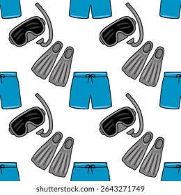 Seamless vector pattern featuring snorkeling gear and swim shorts, a cheerful illustration perfect for summer-themed designs.