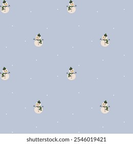 Seamless vector pattern featuring snowmen and snowflakes on a light blue background. Ideal for winter decorations, gift wrapping, and textiles, adding a cheerful and festive touch!