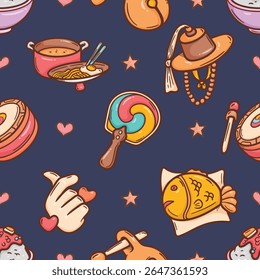 Seamless vector pattern featuring South Korea’s icons and landmarks. Stylish and versatile design, perfect for backgrounds, textiles, branding, and creative projects.