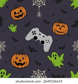 A seamless vector pattern featuring spooky Halloween-themed elements including jack-o'-lantern pumpkins, playful ghosts, spider webs, bats, and a video game controller. Ideal for kids' textiles, fun h