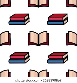 Seamless vector pattern featuring stacks of books and open books in a minimalist cartoon style with bold outlines and a red, beige, and blue color palette.