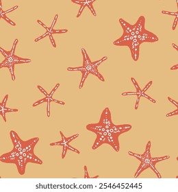 Seamless vector pattern featuring starfish in a minimalist style on a light tan background. Great for fabrics and wallpapers.