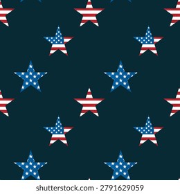 A seamless vector pattern featuring five‑pointed stars decorated with the American flag design — blue fields with white stars and red‑white stripes — arranged symmetrically on a dark background.