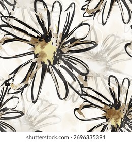 Seamless vector pattern featuring striking abstract flowers in a black, beige, and cream color palette. This artistic overall print features a modern watercolor style.