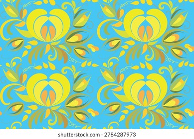A seamless vector pattern featuring stylised botanical elements—flowers, buds and leaves—in the style of traditional Ukrainian Petrykivka painting. Suitable for use in souvenir products, ethnic design and contemporary design inspired by Ukrainian motifs.