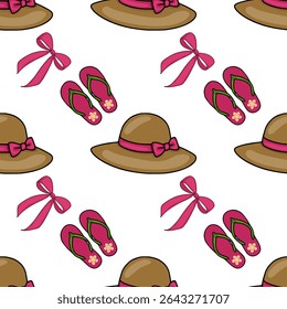 Seamless vector pattern featuring stylish brown hats adorned with pink ribbons, complemented by vibrant pink flip-flops with floral accents, creating a cheerful summery design.