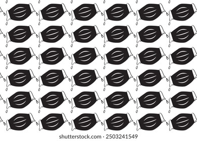 Seamless vector pattern featuring stylized black and white illustrations of medical face masks. The design is repetitive and suitable for backgrounds, textiles, or healthcare-themed graphics.