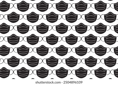 Seamless vector pattern featuring stylized black and white illustrations of medical face masks. The design is repetitive and suitable for backgrounds, textiles, or healthcare-themed graphics.