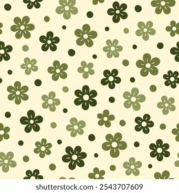 Seamless vector pattern featuring stylized olive flowers and polka dots in a minimalist style. Elements in green shades are set against light background, creating a simple nature-inspired design