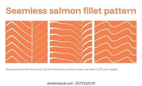 Seamless vector pattern featuring stylized salmon fillet slices with clean lines and vibrant colors. Perfect for use in food packaging, restaurant branding, menu designs, kitchen decor, and seafood