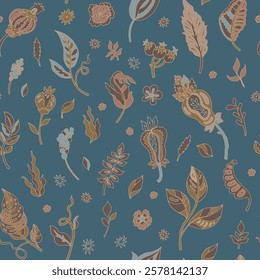 Seamless vector pattern featuring stylized leaves and floral accents in warm earthy tones on a blue background, designed with a whimsical artistic style. Great for decor and packaging.