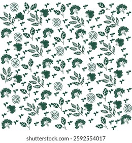 A seamless vector pattern featuring stylized green trees, leaves, and decorative spirals. This nature-inspired design is perfect for textiles, wallpapers, gift wrapping.
