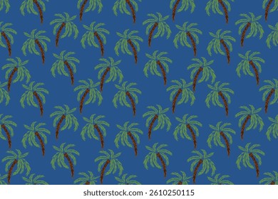 Seamless vector pattern featuring stylized palm trees with green leaves and brown trunks on a deep blue background. Ideal for tropical themed designs, textiles, wallpapers, and beachwear prints