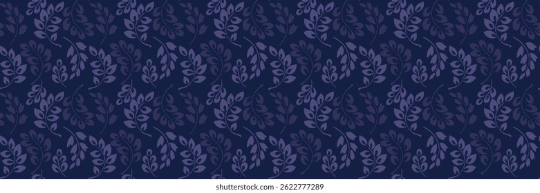 Seamless vector pattern featuring stylized botanical branches with abstract leaves in shades of blue and navy on a deep dark background. Plain ornament print for textiles, wallpapers, packaging