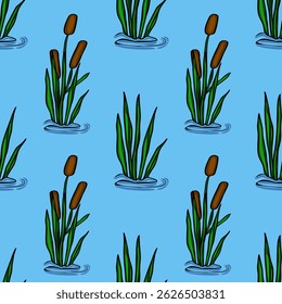 Padrão de vetor sem emenda com plantas Typha latifolia (cauda comum) estilizadas que emergem da água azul calma, criando um design tranquilo e natural ideal para várias aplicações.