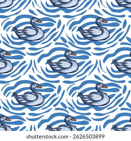Padrão de vetor sem costura com cisnes cinzas estilizados deslizando graciosamente sobre um fundo de água ondulada azul e branco abstrato, criando um design calmante e elegante.