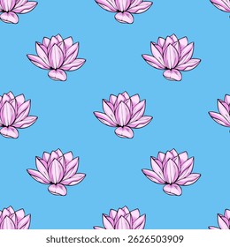 Padrão de vetor sem costura com flores de lótus rosa estilizado em um fundo azul claro vibrante, criando um design sereno e elegante ideal para várias aplicações.